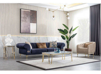 Niebiesko-beżowy zestaw do salonu luksusowy Zestaw sofowy 3+3+1 miejsce do siedzenia, designerska kanapa
