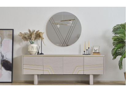 Beżowy, luksusowy, drewniany kredens, designerskie, luksusowe, okrągłe lustro, nowoczesne 2 sztuki
