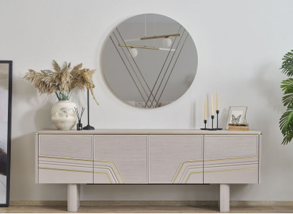 Beżowy, luksusowy, drewniany kredens, designerskie, luksusowe, okrągłe lustro, nowoczesne 2 sztuki