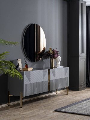 Czarny komplet do jadalni, designerski kredens, luksusowe okrągłe lustro, 2-częściowe