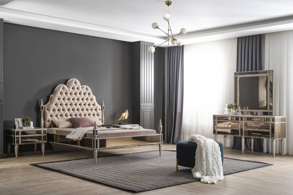 Nowoczesna Sypialnia Ustawić Luksusowe Łóżko Chesterfield 2x Szafki nocne