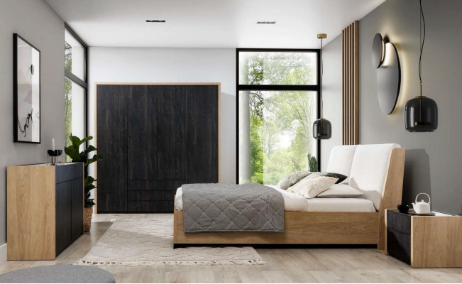 Łóżko Beżowe Drewno Design Nowoczesne Sypialnia Łóżko Podwójne Eleganckie Meble Nowe