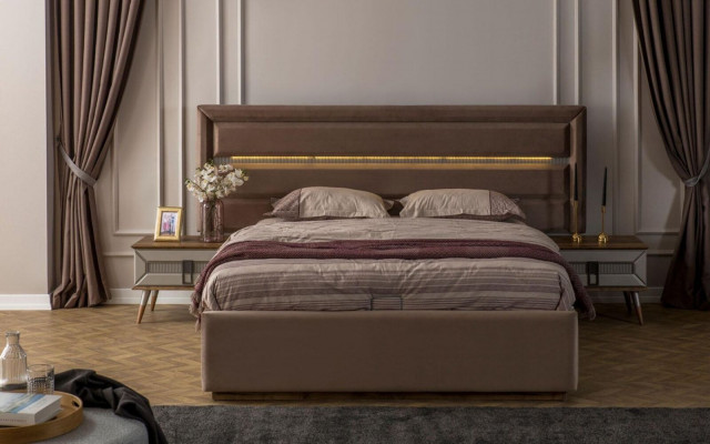 Zestaw do spania w kolorze brązowym Exclusive Podwójne łóżko 2x Konsole nocne Drewno 3-częściowe