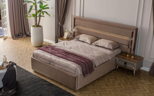 Zestaw do spania w kolorze brązowym Exclusive Podwójne łóżko 2x Konsole nocne Drewno 3-częściowe