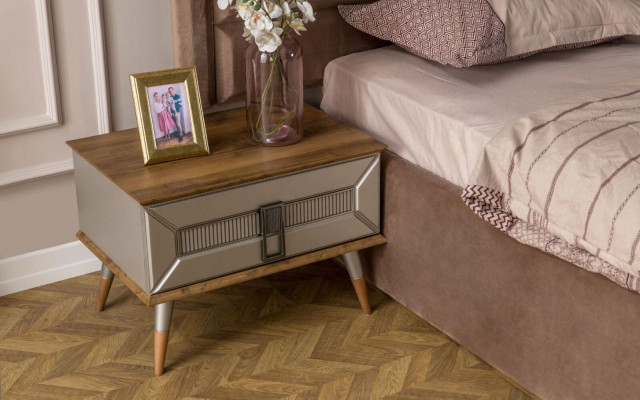 Zestaw do spania w kolorze brązowym Exclusive Podwójne łóżko 2x Konsole nocne Drewno 3-częściowe