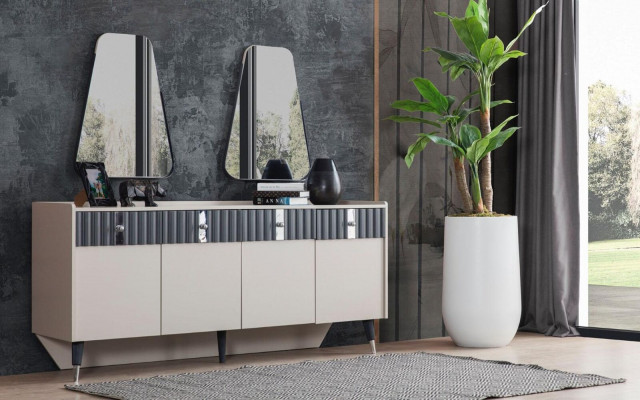 Kompletny zestaw Ustaw Designer Beige Kredens Sideobard 2x Lustro 3-częściowy zestaw