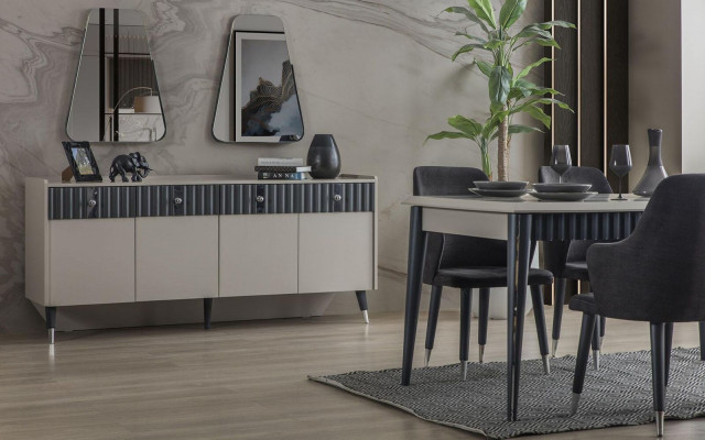 Kompletny zestaw Ustaw Designer Beige Kredens Sideobard 2x Lustro 3-częściowy zestaw