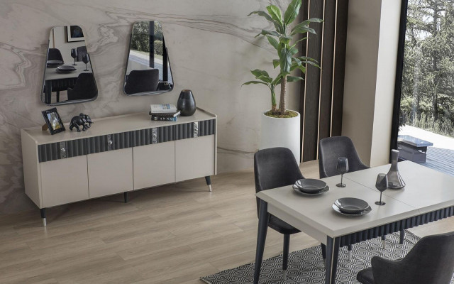 Kompletny zestaw Ustaw Designer Beige Kredens Sideobard 2x Lustro 3-częściowy zestaw