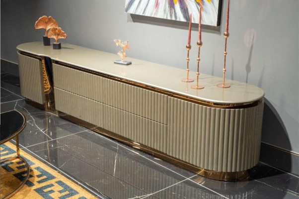 Kredens RTV Szafka pod RTV Beżowy Drewno Design Tabela Living Room