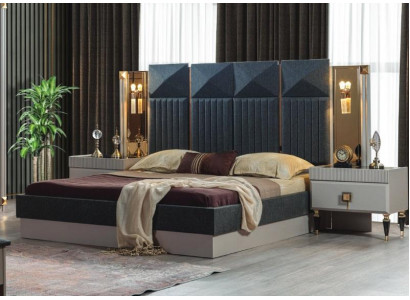 Nowoczesna Sypialnia Meble Designerskie Szare Łóżko 2x Drewno Szafki nocne 3szt