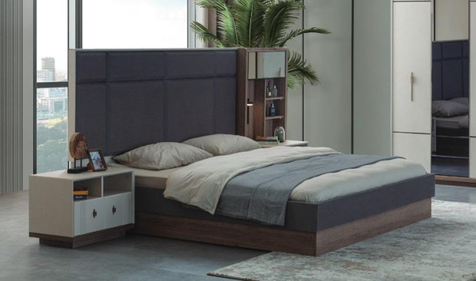 Szara Sypialnia Łóżko Designer Ustawić Podwójne łóżko 2x Szafki nocne