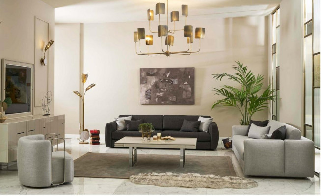 Zestaw kanapowy kompletna sofa materiałowa sofa tapicerowana szara komplet 3 sztuki nowa