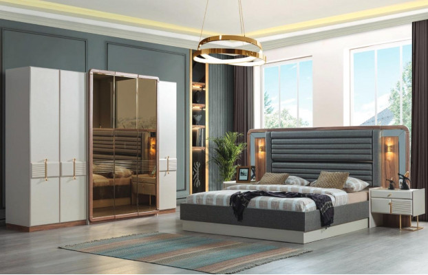 Kompletny Zestaw Luksusowy Sypialnia Łóżko 2x Szafki nocne Modern Meble 4-częściowy