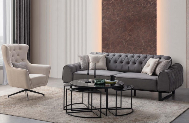 Szara Chesterfield Trzyosobowa Luksusowa Podkładka Biała Fotel 2szt Zestaw