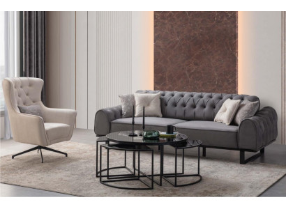 Szara Chesterfield Trzyosobowa Luksusowa Podkładka Biała Fotel 2szt Zestaw