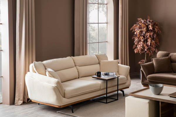 Beżowa Kanapa Podkładka Sofa Meble Kanapy Salon Trzyosobowa Włókienniczy Materiał