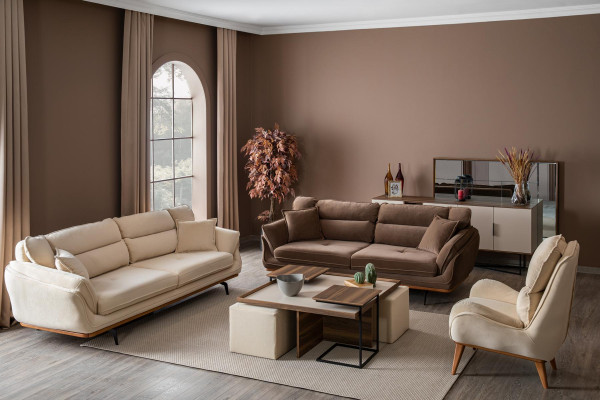 Beżowa Kanapa Podkładka Sofa Meble Kanapy Salon Trzyosobowa Włókienniczy Materiał