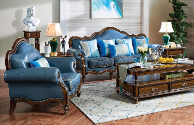 Błękitny Barokowy Rokoko Chesterfield Zestaw sofowy Sofa 3+1 Siedziba Ustawić