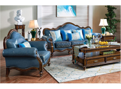 Błękitny Barokowy Rokoko Chesterfield Zestaw sofowy Sofa 3+1 Siedziba Ustawić