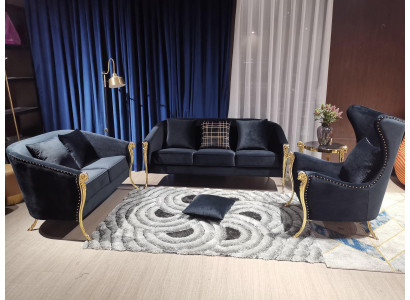 Luksusowy apartament tapicerowany Fotel 3+2+1 miejsce siedzące Czarny Aksamit Gold Nogi