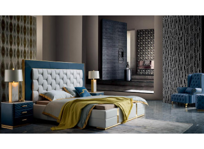 Design Sypialnia Zestaw 3szt. Łóżko Podwójne łóżko 2x Stolik nocny Skóra
