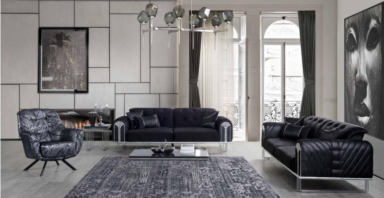 Czarny salon Zestaw sofowy 2x trzyosobowa designerska Podkładka Fotel