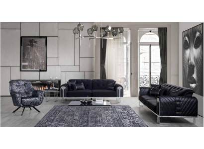 Czarny salon Zestaw sofowy 2x trzyosobowa designerska Podkładka Fotel