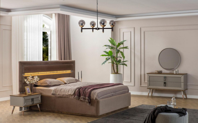 Beżowa Sypialnia Luxury Meble Designer Podwójne łóżko 2x Szafki nocne 5szt