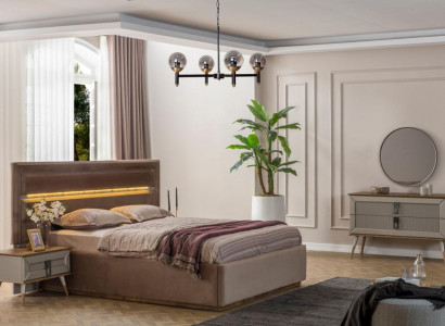 Beżowa Sypialnia Luxury Meble Designer Podwójne łóżko 2x Szafki nocne 5szt