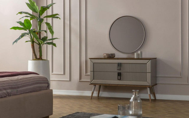 Beżowa Sypialnia Luxury Meble Designer Podwójne łóżko 2x Szafki nocne 5szt