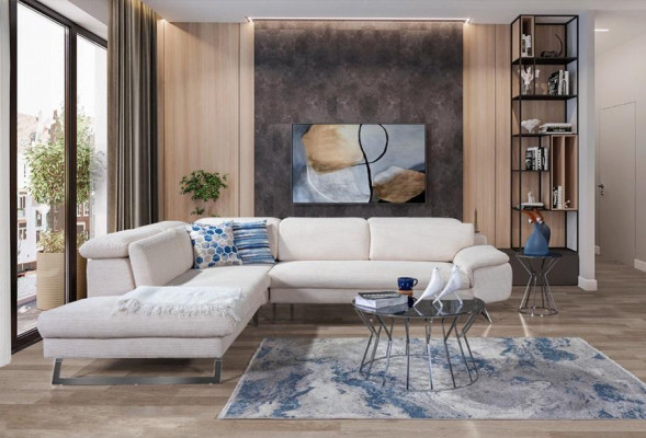 Biała Narożnik Sofa Tapicerowana Sofy w Kształcie L Salon Nowoczesne Living Krajobrazy