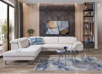 Biała Narożnik Sofa Tapicerowana Sofy w Kształcie L Salon Nowoczesne Living Krajobrazy