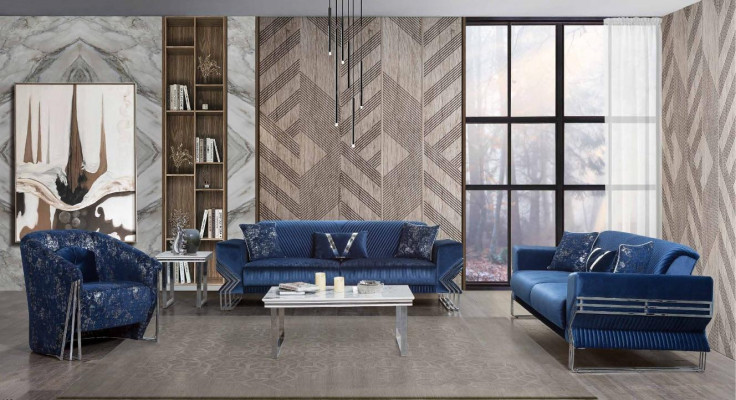 Designerska trzyosobowa sofa do salonu w kolorze niebieskim Fotel stolik kawowy