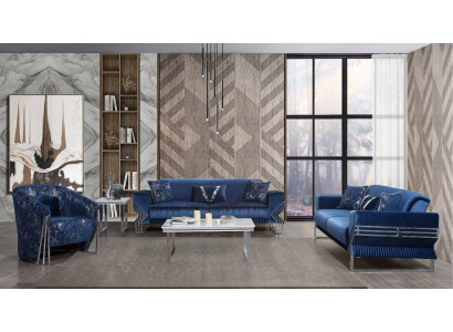 Designerska trzyosobowa sofa do salonu w kolorze niebieskim Fotel stolik kawowy