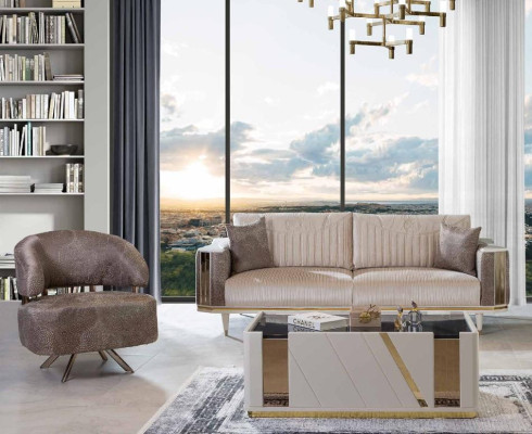 Nowoczesny Salon Ustawić Designerski Beżowy Trzyosobowy Fotel stolik kawowy