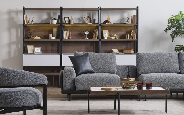 Szary Zestaw do Salonu Sofa w kształcie litery L Designerska tapicerkaFotel stolik kawowy