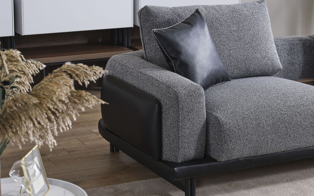 Szary Zestaw do Salonu Sofa w kształcie litery L Designerska tapicerkaFotel stolik kawowy