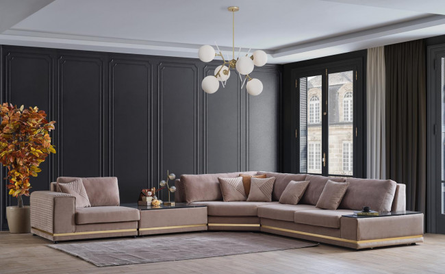 Beżowa Sofa Tapicerowana Żywy krajobrazu L-Shape Stylowe Kanapy Nowość