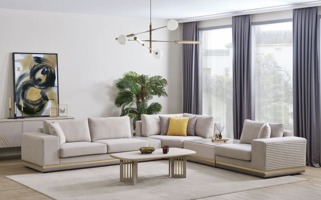 Salon Jasny Beż Narożnikowa kanapa L Shape Couch Nowoczesna Sofa Włókiennicza Meble