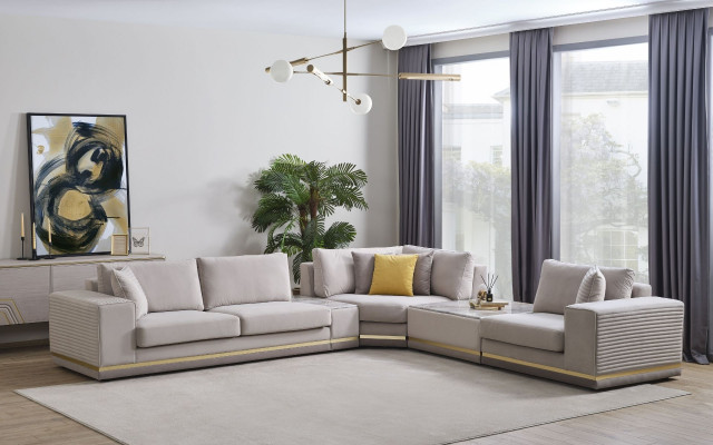 Salon Jasny Beż Narożnikowa kanapa L Shape Couch Nowoczesna Sofa Włókiennicza Meble
