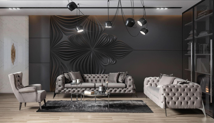 Jasnoszary salon Chesterfield Zestaw sofowy 4+3 Fotel Luxus Fotel