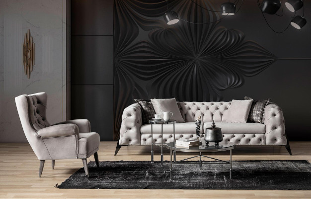 Jasnoszary salon Chesterfield Zestaw sofowy 4+3 Fotel Luxus Fotel