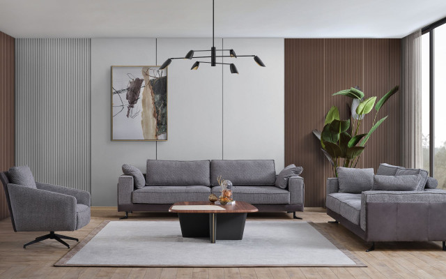Szary salon tapicerowany apartament czteroosobowy trzyosobowy Włókienniczy Fotel