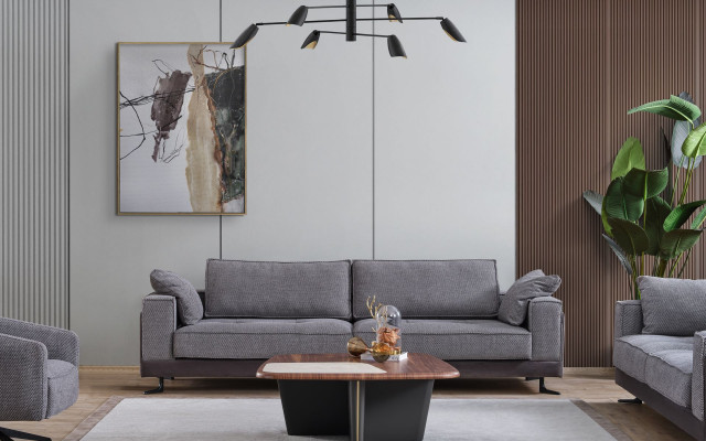 Szary salon tapicerowany apartament czteroosobowy trzyosobowy Włókienniczy Fotel