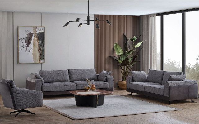 Szary salon tapicerowany apartament czteroosobowy trzyosobowy Włókienniczy Fotel