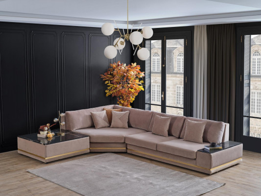 Beżowa designerska kanapa w kształcie litery L. Podkładka Żywy krajobraz Luksusowa sofa