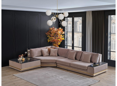 Beżowa designerska kanapa w kształcie litery L. Podkładka Żywy krajobraz Luksusowa sofa