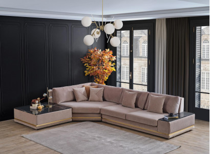 Beżowa designerska kanapa w kształcie litery L. Podkładka Żywy krajobraz Luksusowa sofa