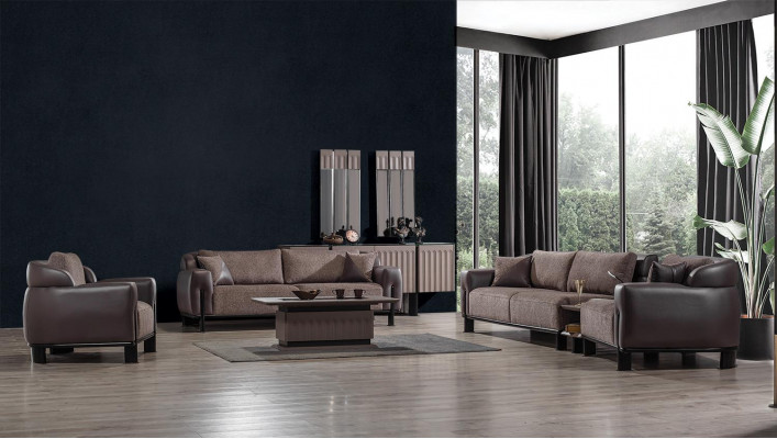 Brązowy salon Skóra Ustawić 3-miejsce siedzące Sofa Fotel stolik kawowy 4-częściowy