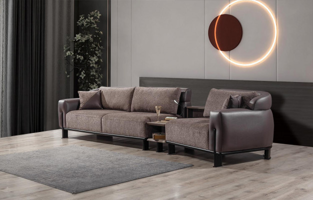 Brązowy salon Skóra Ustawić 3-miejsce siedzące Sofa Fotel stolik kawowy 4-częściowy